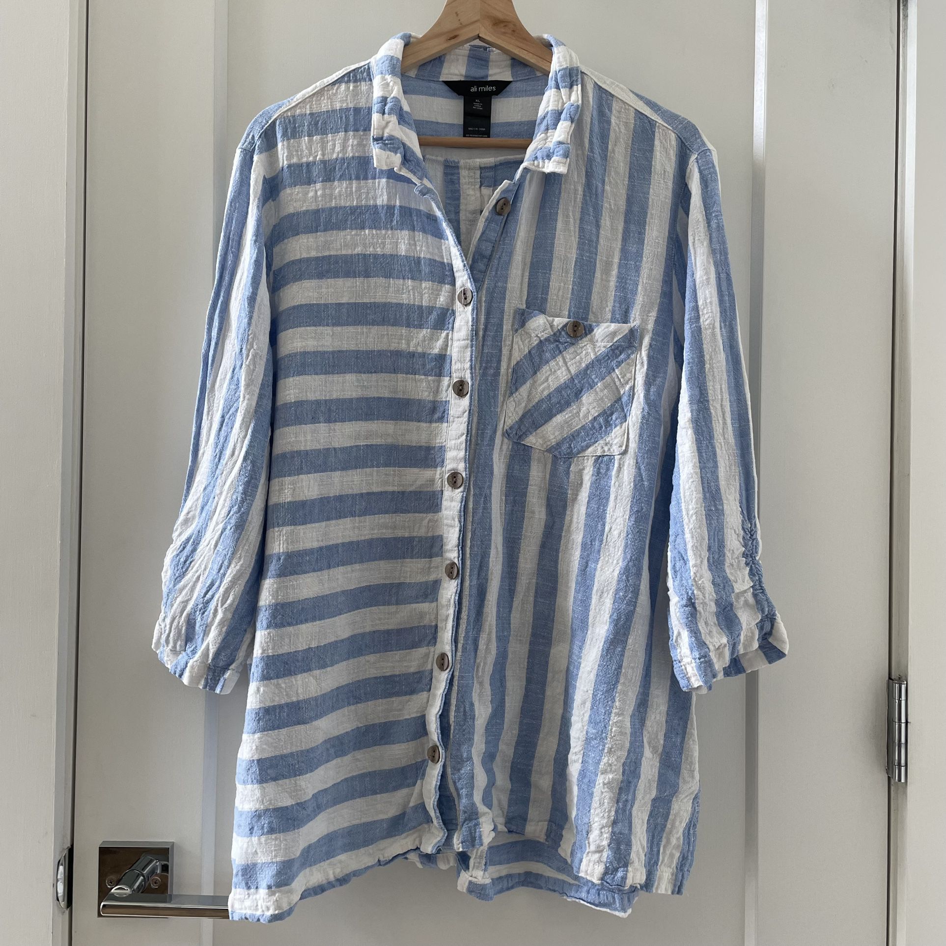 Ali Miles Blue White Linen Stripes Tunic Beach Blouse Size XL