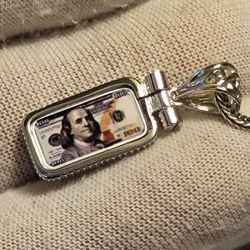 .999 Fine Silver Pendant Colorizied $100 Bill Benjamin Franklin Pendant (Bezel .925 Sterling Silver) 