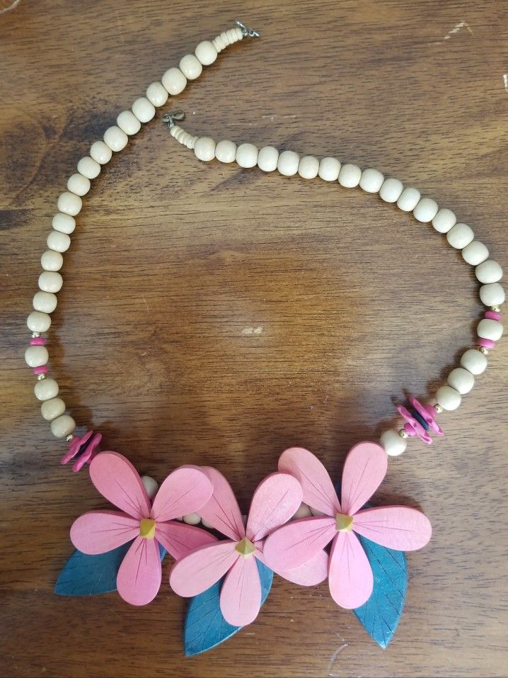 Handcrafted Wooden Lei Statement Necklace W/Pink Plumeria Flowers 