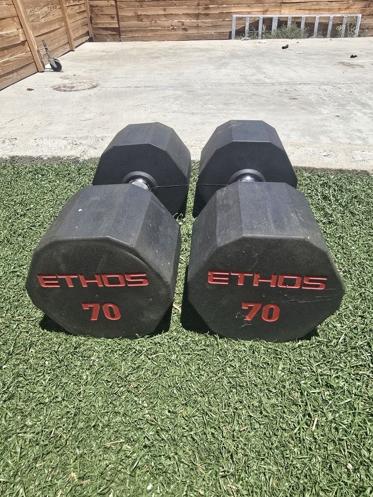 70 Pound Dumbbells ETHOS Rubber Hex Dumbbells