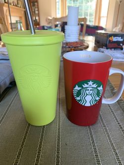 2 Starbucks Cups. 2014 Green Insulated Mug And A 2015 Christmas Mug