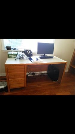 Wood table and bookshelf (with separate shelves)