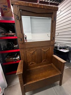 Mission Style Solid Oak Hall Tree Bench with Mirror & Storage