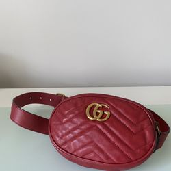 Auth GUCCI GG Marmont Waist Bag Belt Bag Red/Black Leather/Goldtone