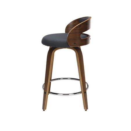 OFM 161 Collection Mid Century Modern 24" Low Back Bentwood Frame Swivel Seat Stool with Fabric Back and Seat Cushion, in Walnut/Navy
