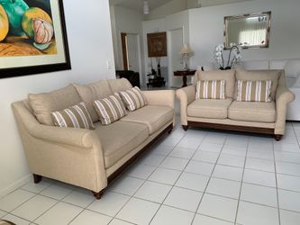 Sofa set - 2 Two beige modern couches with wood legs