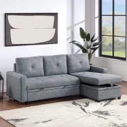 Charcoal gray Convertible sofa sleeper sectional with pull-out bed reversible chaise with storage