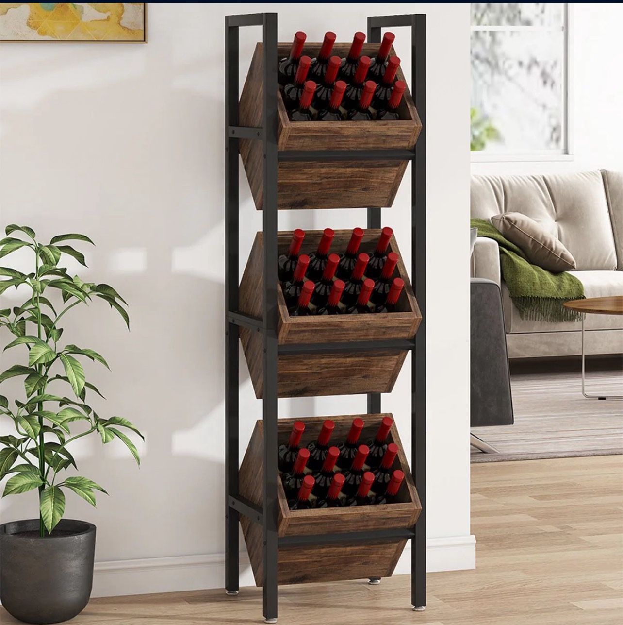Industrial Wine Rack, 3 Tier Freestanding Wine Storage Stand