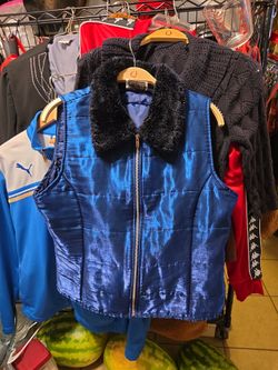 Blue Satin Puffer Vest with Faux Fur Collar