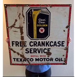 Vintage Texaco Motor Oil Free Crankcase Service Porcelain Sign 30” x 30” Clean Clear Golden Original Antique Sign Rare Gas Automobilia 