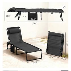 Lounge Chair Outdoor(1 CHAIR ONLY) , 5-Position Adjustable Sun Tanning Chair with Carrying Handle and Side Pocket, Folding Bed Cot with Removable Pill
