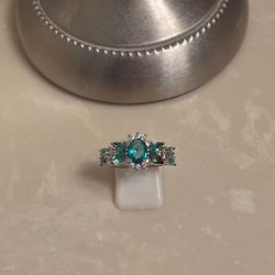 18K White Gold Filled CZ and Sea Green Ring Size 7