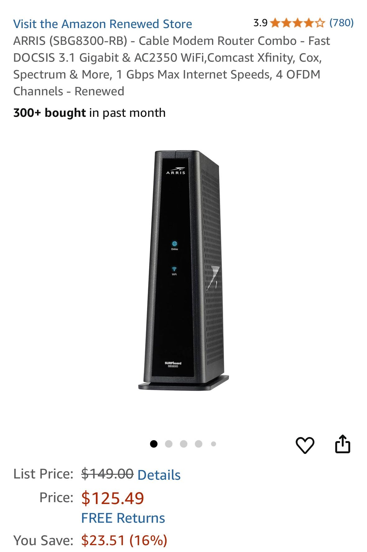 ARRIS (SBG8300-RB) - Cable Modem Router Combo - Fast DOCSIS 3.1 Gigabit & AC2350 WiFi,Comcast Xfinity, Cox, Spectrum & More, 1 Gbps Max Internet Speed