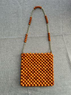 Vintage Beaded Shoulder Purse. Boho 1960’s Unique Orange Wooden Beads