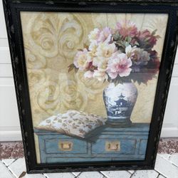 Beautiful Framed Asian Chinese Chinoiserie Zen Art Behind Glass. Blue & White Pagoda & Flowers. Excellent Condition. Great In Any Room, Hall Or Foyer 