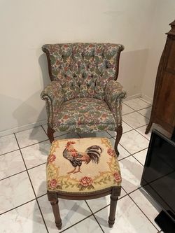 Vintage Tufted Floral Armchair with Needlepoint Ottoman