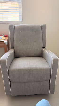 Baby Relax Mikayla Swivel Gliding Recliner – Gray Linen | Excellent Condition