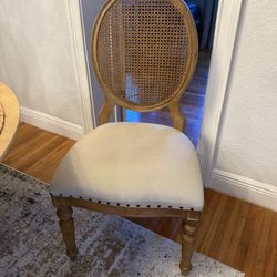 4 Cane Back Linen Seat Nailhead Trim Wood Dining Chairs