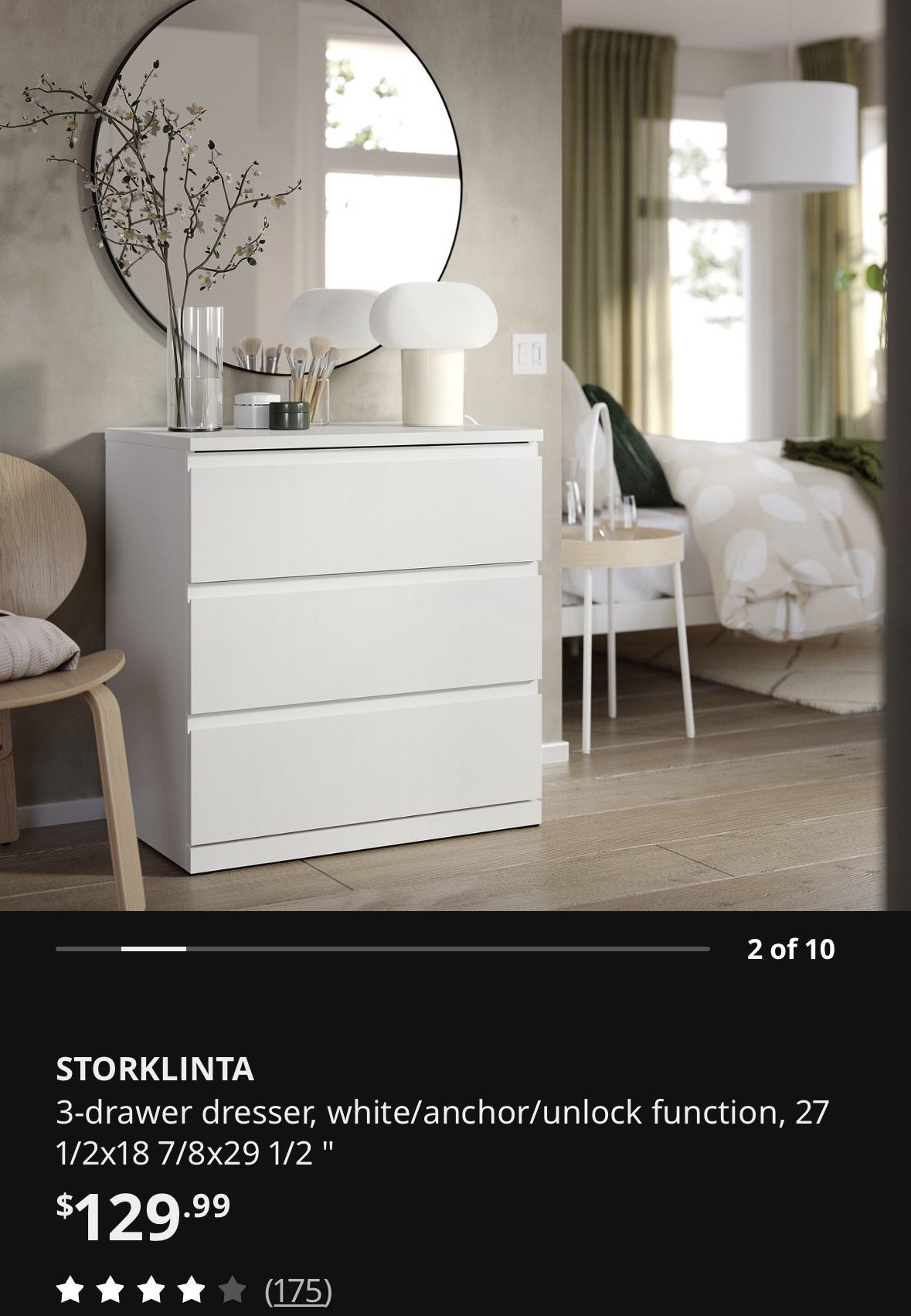 White, 3 Drawer Dresser, Large Capacity
