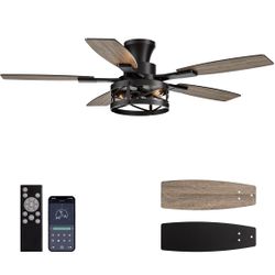 52-Inch Farmhouse Flush Mount Ceiling Fan Vintage wood-grain blades quiet powerful motor warm ambient light ideal for indoor spaces, bedrooms, living 