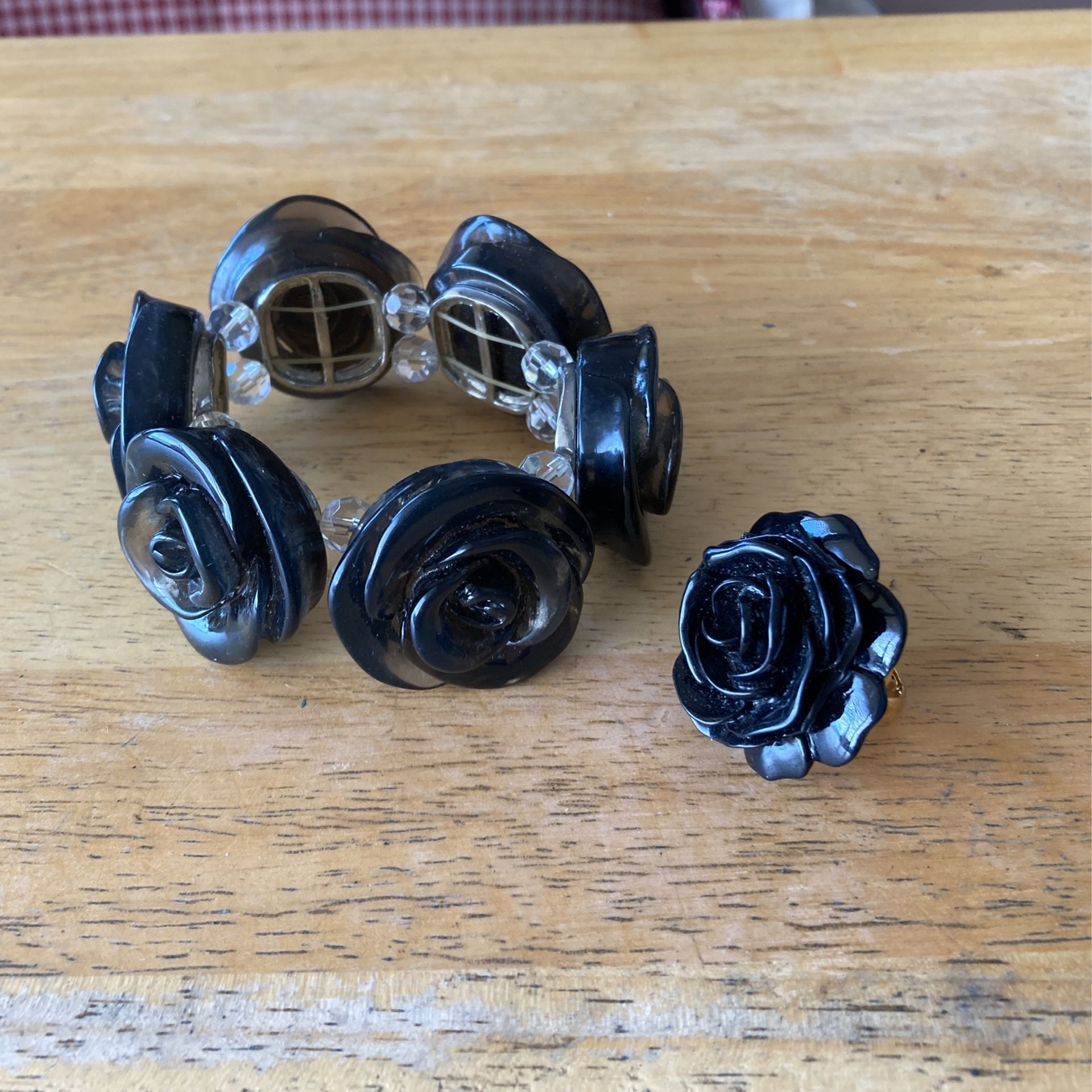 Large Black Flower Ring And Matching Bracelet