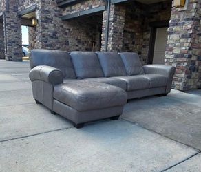 Gray Leather Sectional Sofa with Chaise