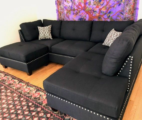 3PC Black Fabric Reversible Sectional Sofa ~BRAND NEW~