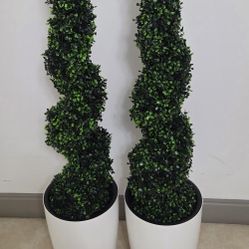 PAIR of 46" Faux Boxwood Spirals in 16" White Resin Planters (2 for $120) @ Lasting Creations 
