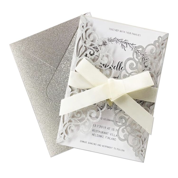 50 Fashmade Silver Glitter Laser Cut Invitations Wedding Anniversary Quinceanera Shower Birthday