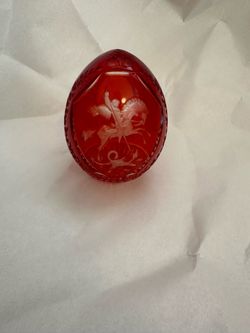 Vintage Russian Ruby Red Cut-to-Clear Crystal Egg – St. George Slaying the Dragon