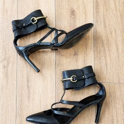 Gucci Horsebit Strappy Heels Black Leather Size 38.5 / US 8
