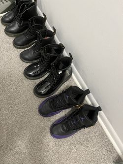 Jordan’s Purple & Black Size 4Y $70..$65 Now!) Dr Martens Black patent  Leather Size 3Y $65 New Condition)Dr Martens Black Leather Size 1Y $55 Good C.