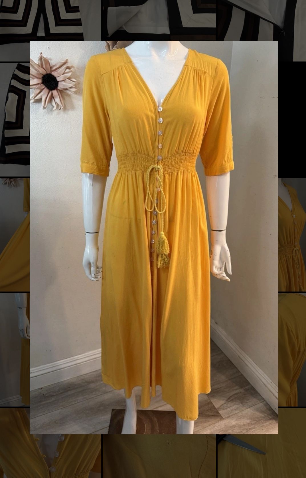 Womens Medium Mustard Yellow Button Front Maxi Sun Dress Short Sleeve Unbranded