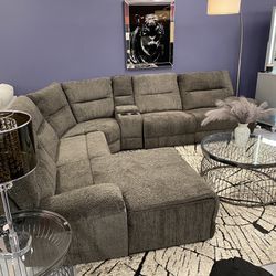 Safavieh Chenille Upholstered Smokey Grey Triple  “Reclining Modular”  Sectional Sofa with Reclining Chaise Lounge