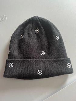 Black Knit Beanie with Peace Sign Pattern