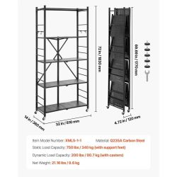 103#5-Tier Foldable Storage Shelf, 32W x 14D x 72H Inch Folding Metal Rack Shelving Unit, No Assembly Organizer Shelf with 5 Wheels & 4 Hooks for Pant
