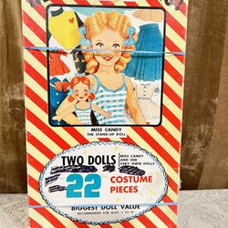 VINTAGE 1950S DEJOURNETTE “CANDY & DOLLY” PAPER DOLL SET REAL HAIR IN BOX