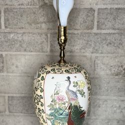 Vintage Peacock Ginger Jar Table Lamp 30” Tall Porcelain + Wood Base, Brass Neck
