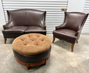 VINTAGE Bombay Genuine Leather Loveseat Chair & Ottoman 3-Piece Set