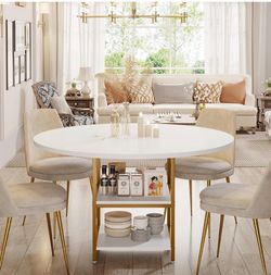 Tribesigns 47” Round Dining Table – White & Gold – Seats 4 w/ Storage Shelf – Brand New
