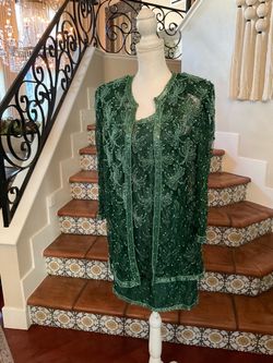 Women’s Green beaded rayon & polyester dress with sheer floral embroidery jacket, size large