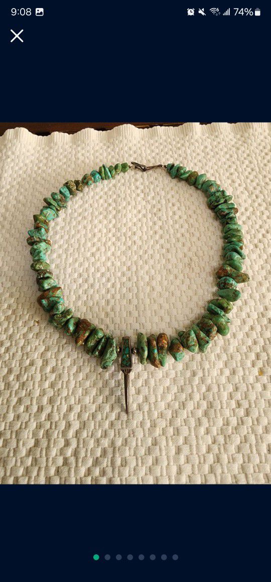 Turquoise  Chunky Necklace/Sterling Silver/Fang/Choker/Gift
