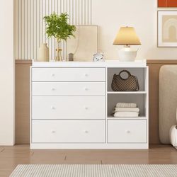 47” White Dresser Bedroom Storage Cabinet for Clothes, Toys & Accessories, Modern Chest of Drawers for Nursery or Closet