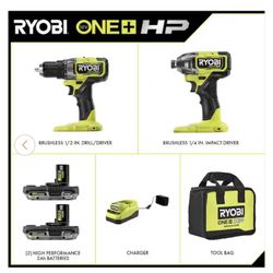 Ryobi ONE+ HP 18V Brushless Cordless 2-Tool Combo Kit w/(2) 2.0 Ah Batteries, Charger Bag sealed box
