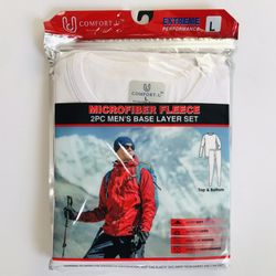 Men Winter Thermal 2 PCS/Set Microfiber Fleece Crew Neck Top & Pants White L