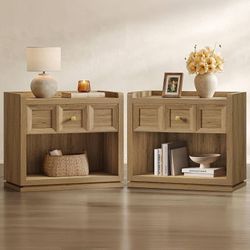 Night Stand Set 2, 26" Wide Nightstands Set of 2 with Drawer Large Queen Size Nightstands, Farmhouse Bedside Table for Bedroom, Side End Table with Ro