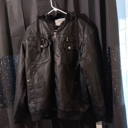 Brand New! With Tag! Men's Black Size Large Black Faux Leather Zip Front  Hooded Jacket 