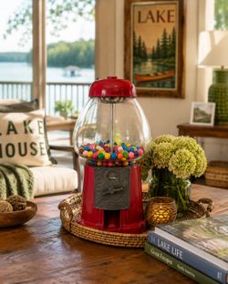 Vintage large Gum Ball Machine Table Decor Fun Centerpiece Glass Heavy Retro Red Globe kitsch PopArt Nostalgic, Game Room, Collectible,