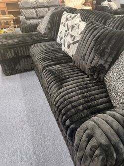 Black Plush Sectional Sofa with Chaise