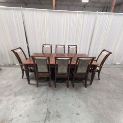Wood Inlaid Dining Table Set with Eight Chairs